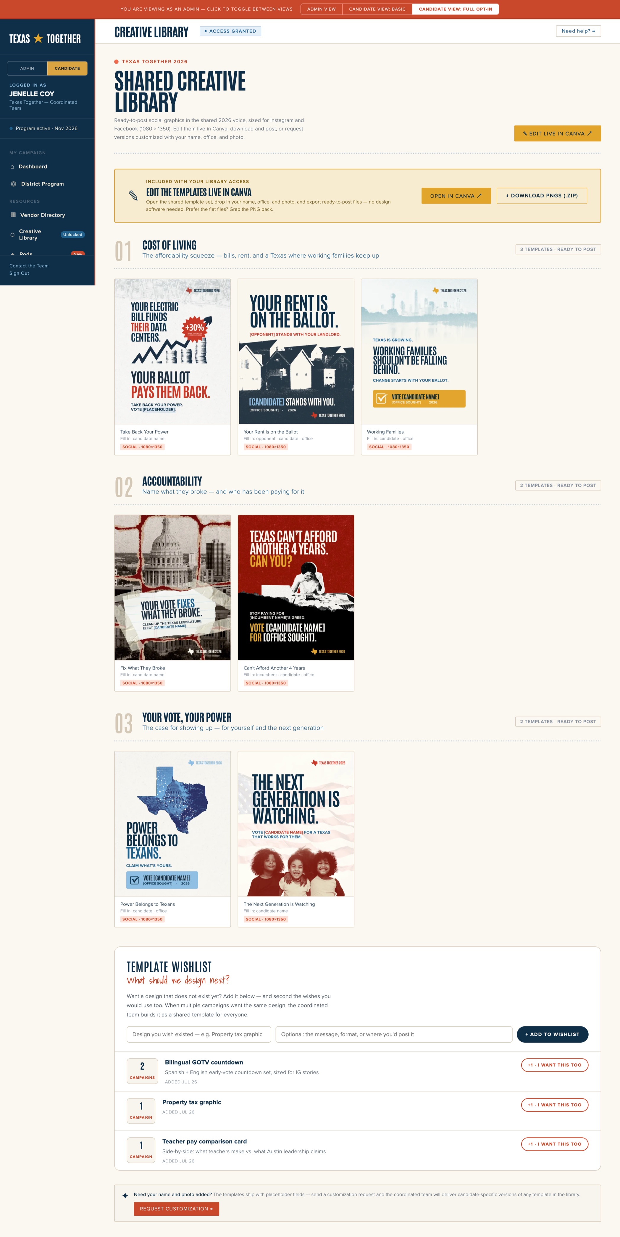 Texas Together shared creative library, full page: ready-to-post templates grouped by message theme