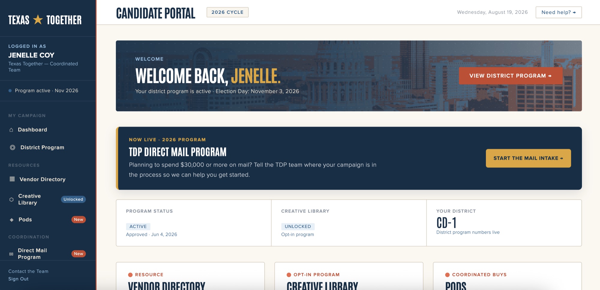 Texas Together candidate portal dashboard showing program status, creative library access, and district assignment